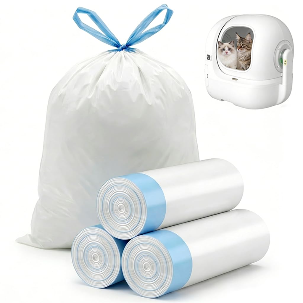 45 Pcs Cat Litter Tray Liners, Litter Tray Liners Cat Litter Bags with Drawstring, Heavy Duty Tear-Resistant Scratch Resistant Leak-Proof Liner for Self Cleaning Litter Box, 3 Rolls (45X50CM)