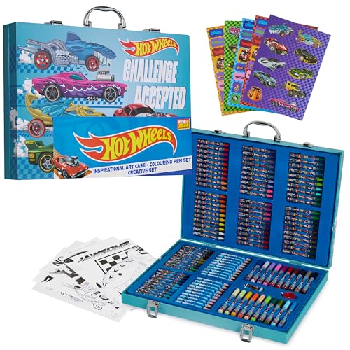 Hot Wheels Kit Disegno Bambini, Valigetta Colori per Bambino, Pennarelli Colorati Matite Colorate Pastelli Adesivi Valigetta 130+ Pcs