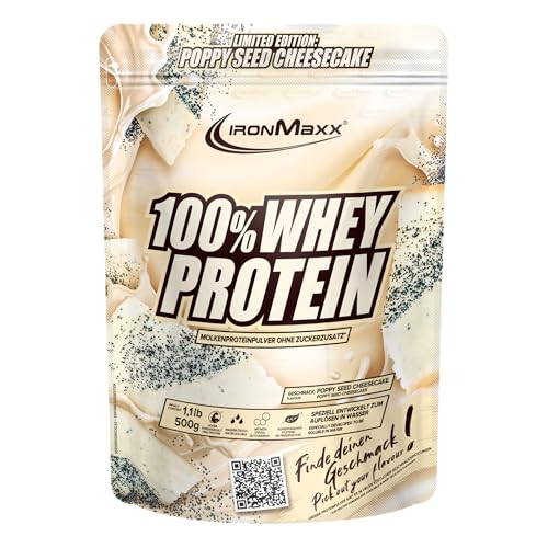 IronMaxx 100% Whey Protein Pulver 500g - Poppy Seed Cheesecake | Cremiger Eiweißshake mit BCAAs & EAAs | High Protein, Low Carb & zuckerarm | Ideal für Muskelaufbau, Diät & Fitness