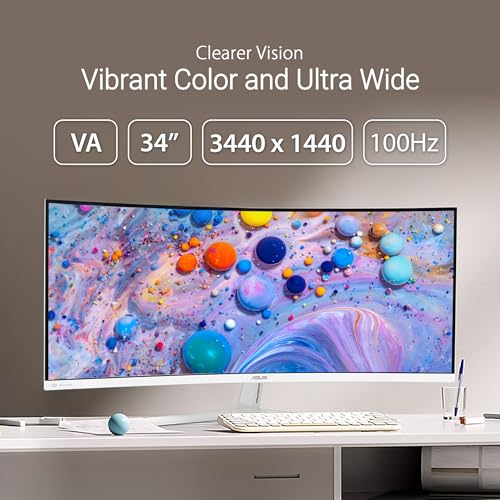 Image of ASUS 34 inch Ultra-Wide Curved Eye Care Monitor (VU34WCIP-W) - WQHD (3440x1440), 1500R Curvature, Frameless, 100Hz, Nano-ion, SmoothMotion, Eye Care Plus, USB-C PD 65W, Speakers, 3 yr Warranty