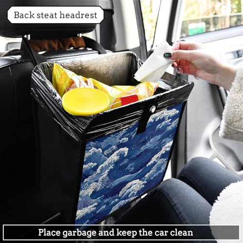 Image of Car Trash Can Organizer Bin with Adjustable Strap for Back Front Seat Console Waterproof Leakproof Collapsible Portable 8.66 Inch Blue Ocean Waves
