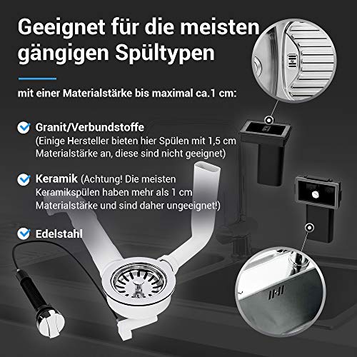 VIOKS Abfluss Set Siebkorbventil 114mm mit Excenterventil, Raumschaffer und 2x Überlauf für Spülbecken/Waschbecken Ablaufgarnitur mit Überlauf - Image 3