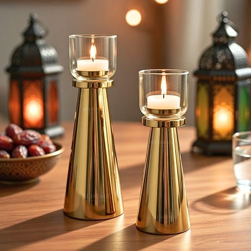 Behoma Handcrafted Golden Tea Light Candle Holders Set of 2 | Pre...