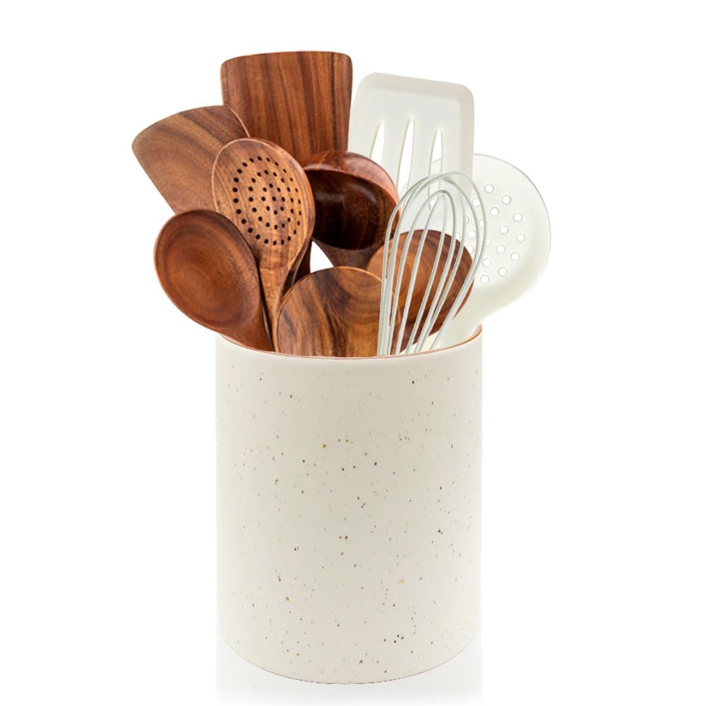 JitejoeKitchen Utensil Holder for Countertop,7.2" Ceramic Utensil Holder for Kitchen Counter,Large Spatula Holder for Counter,Utensil Crock for Countertop,Rustic Cooking Utensil Holder (B-7.2Inch)