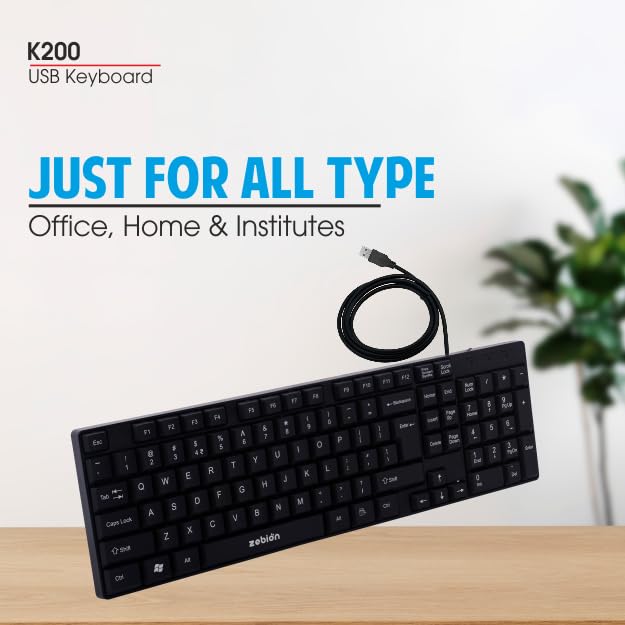 Image of Zebion K200 USB Keyboard Comes with 104 Keys Including 12 Dedicated Function Keys & Rupee Key, Long Life 1 Billion Keystrokes,Retractable Stand and Slim Design (Black)