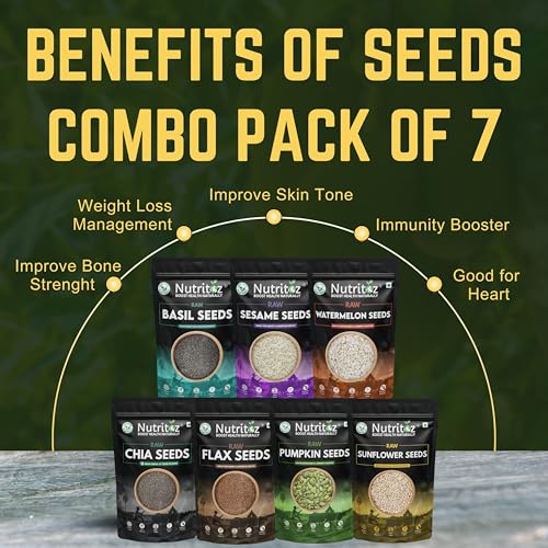 Image of Nutritoz Mix Super Seeds Combo 1.4 Kg Pack Of 7 | Weight Loss with Omega-3 (200g Each) Chia Brown Flax Pumpkin Sunflower Basil Sesame Watermelon (7 X 200 g)
