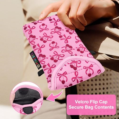 Image of POVESTE Neoprene Cell Phone Sleeve Pouch Case Bag with Crossbody Strap Lanyard for Women, Flap Closure Secure Cell Phone Bag with Pocket for Cards, Cash. (Bow&Cherry)