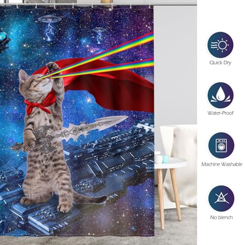 Image of Aimego Extra Long Shower Curtain - Funny Cute Cool Cat on Fantasy Outer Space Galaxy Universe UFO Fabric Cloth Shower Curtain Set with 12 Hooks Bathroom Decor Accessories Bathtub Curtain, 72 inchx84 inch