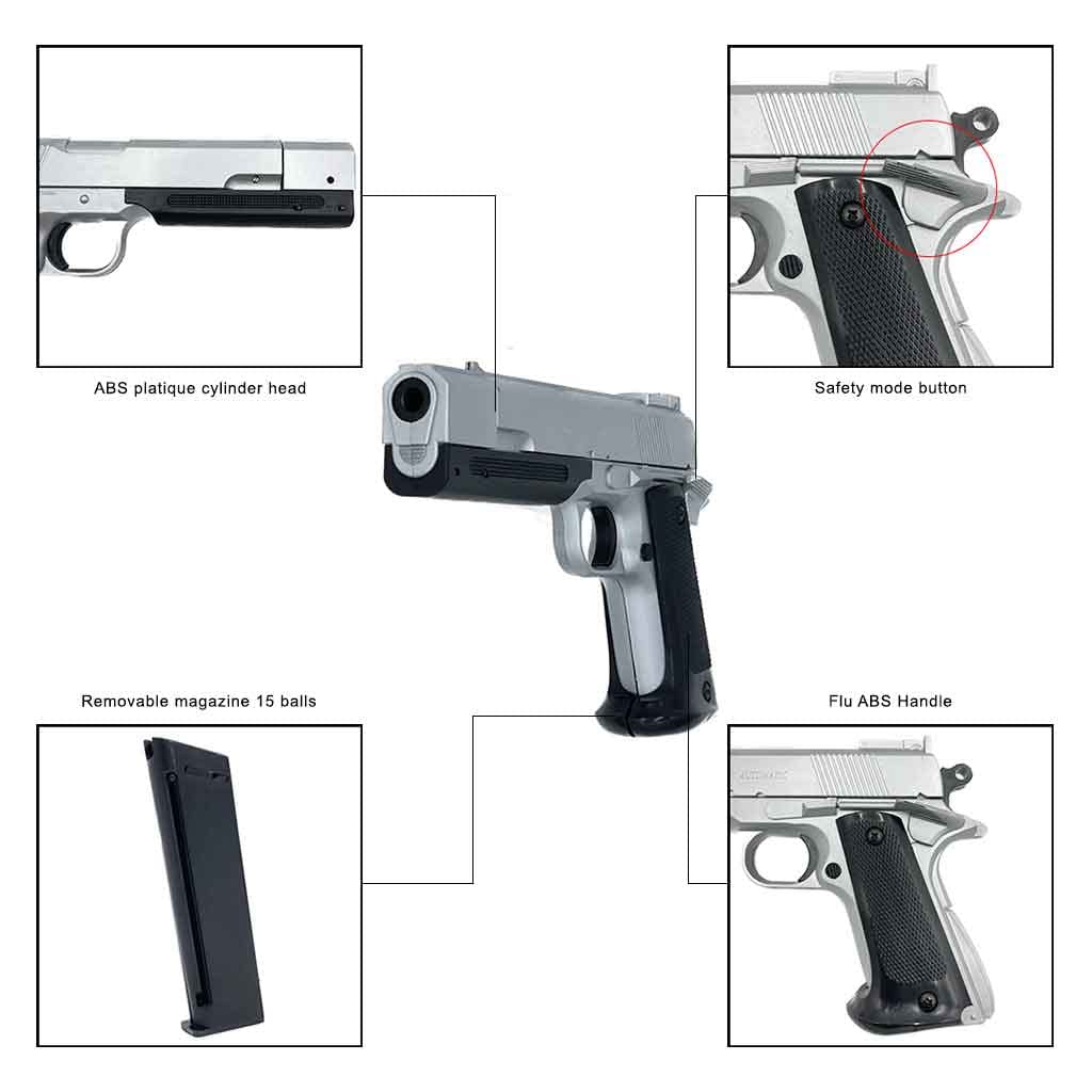 Pistola Airsoft STTI 9719 Hitman Silver Spring/Colori: Nero e Argento/Materiale: plastica ABS ad Alta Resistenza/Potenza: 0,3 Joule