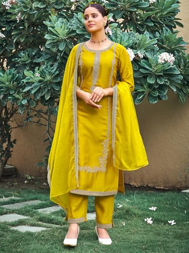Image of INDO ERA Women's Silk Blend Embroidered Straight Kurta and Pant with Dupatta Set (KH9BK6210)