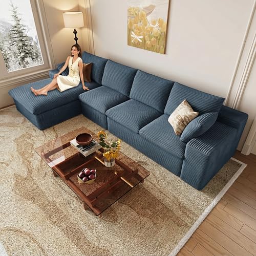 Image of 136 inch Cloud Couch Modular Sectional Sofa for Living Room, L-Shape Boneless Couch with Deep Seat, Modern Corduroy 4-Seater, No Assembly Required (Blue,Left-Facing Chaise)