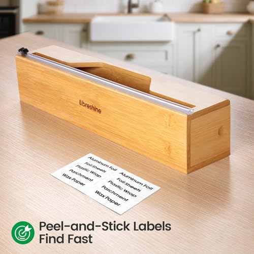 Libreshine 15 Inch Parchment Paper Dispenser with Cutter for Costco-Sized Roll, Bamboo Kitchen Drawer Organizer for Foil & Wax Paper, Wall-Mounted Large Food Wrap Holder