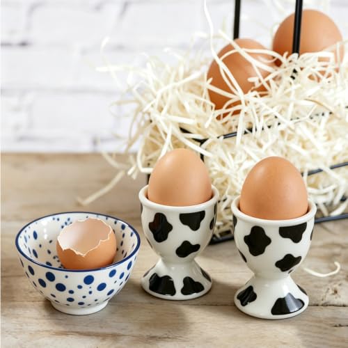 Image of Cinf Ceramic Egg Cups, Set of 2, Cow Print Boiled Egg Holders for Breakfast