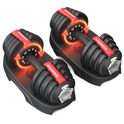 SONGMICS Set of 2 Adjustable Dumbbells 11-in-1 Weights 1.5-12.5 kg Each Quick Dial Space-Saving Non-Slip Handle Storage Tray Home Gym Strength Training Black and Red SYL525R101