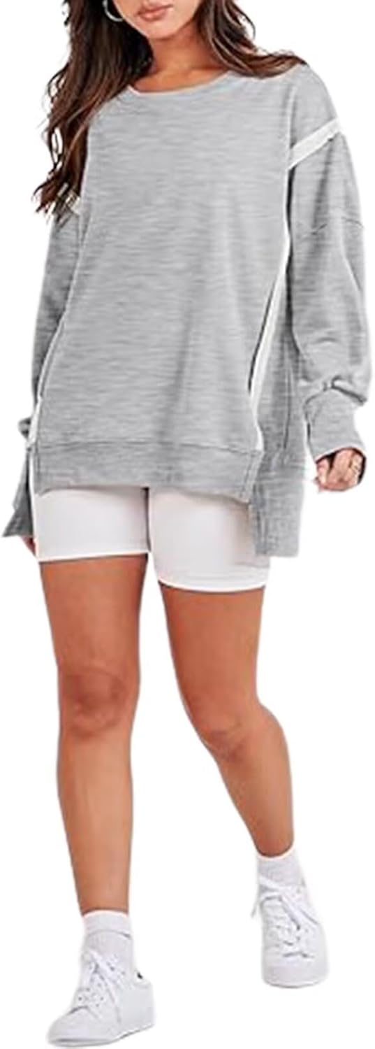 Bornpom Oversized Sweatshirt Crewneck Sweatshirts Long Sleeve Shirts Slit Pullover Top Solid Color Preppy Clothes - Image 6