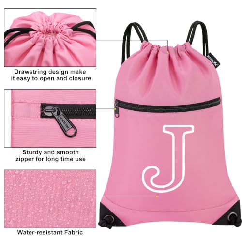 Image of HOLYLUCK Drawstring Bags Initial Backpack Sackpack Cinch Bags for Sports, Gym, Travel, Beach (Pink-J)