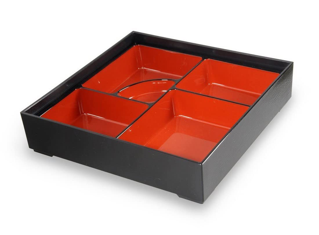 JapanBargain, Lot de 2 boîtes à bento traditionnelles japonaises en plastique laqué pour restaurant ou maison, plateau et assiette, rouge et noir, 5 compartiments, 24,1 x 24,1 cm, fabriquées au Japon