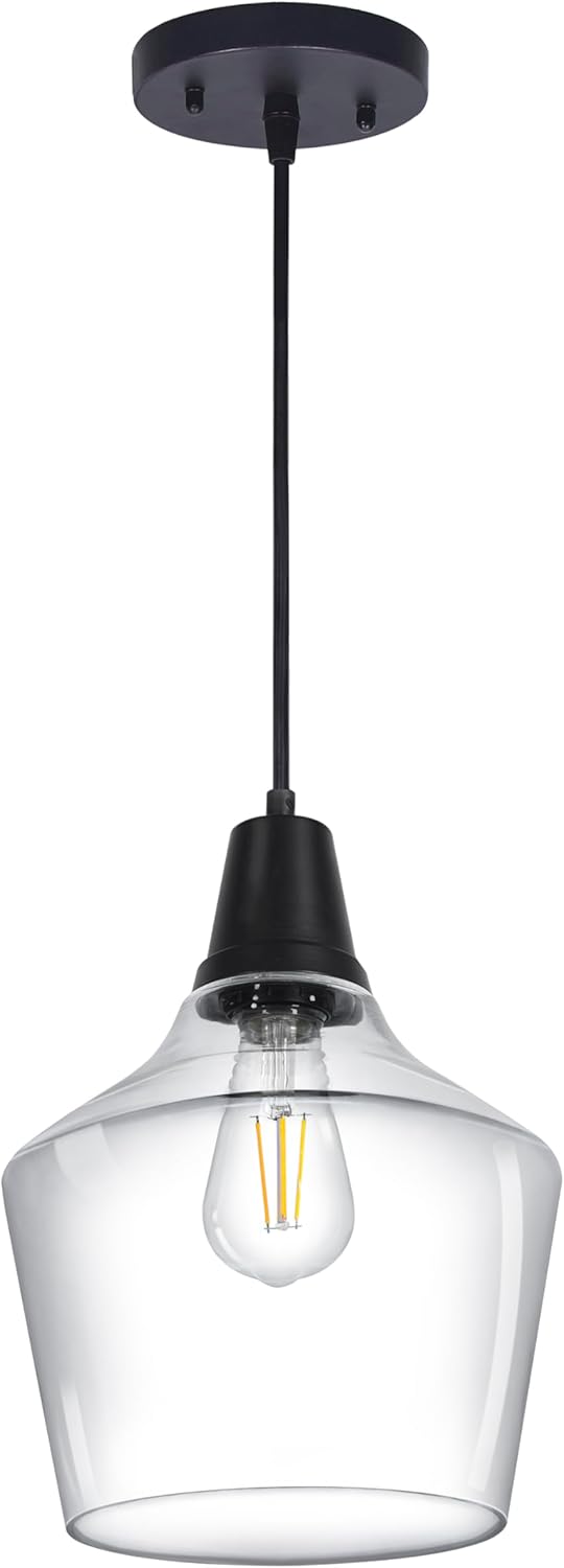 LEDVANCE Sylvania 9" Pendant Light Fixture with Clear Glass Shade, Adjustable Height, Hardwire/Accessories Included, Metal/Black Matte - 1 Pack (64095)