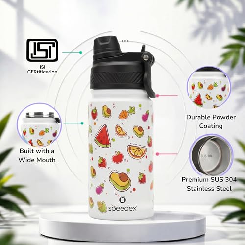 Image of Speedex Tutty Fruty 500 Kids Vacuum Insulated Stainless Steel Water Bottle 450 ML | Double Wall Hot & Cold Sipper (Straw + Direct Sip) | Leakproof BPA Free School Water Bottle for Boys & Girls