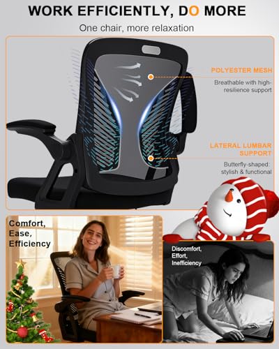 Durrafy Ergonomic Office Chair, Desk Chair with 90° Flip-up Armrests, Lumbar Support & Height Adjustable, Breathable Swivel Computer Chair with Tilt Function, Mid-Back Mesh Chair For Home/Office - Image 6