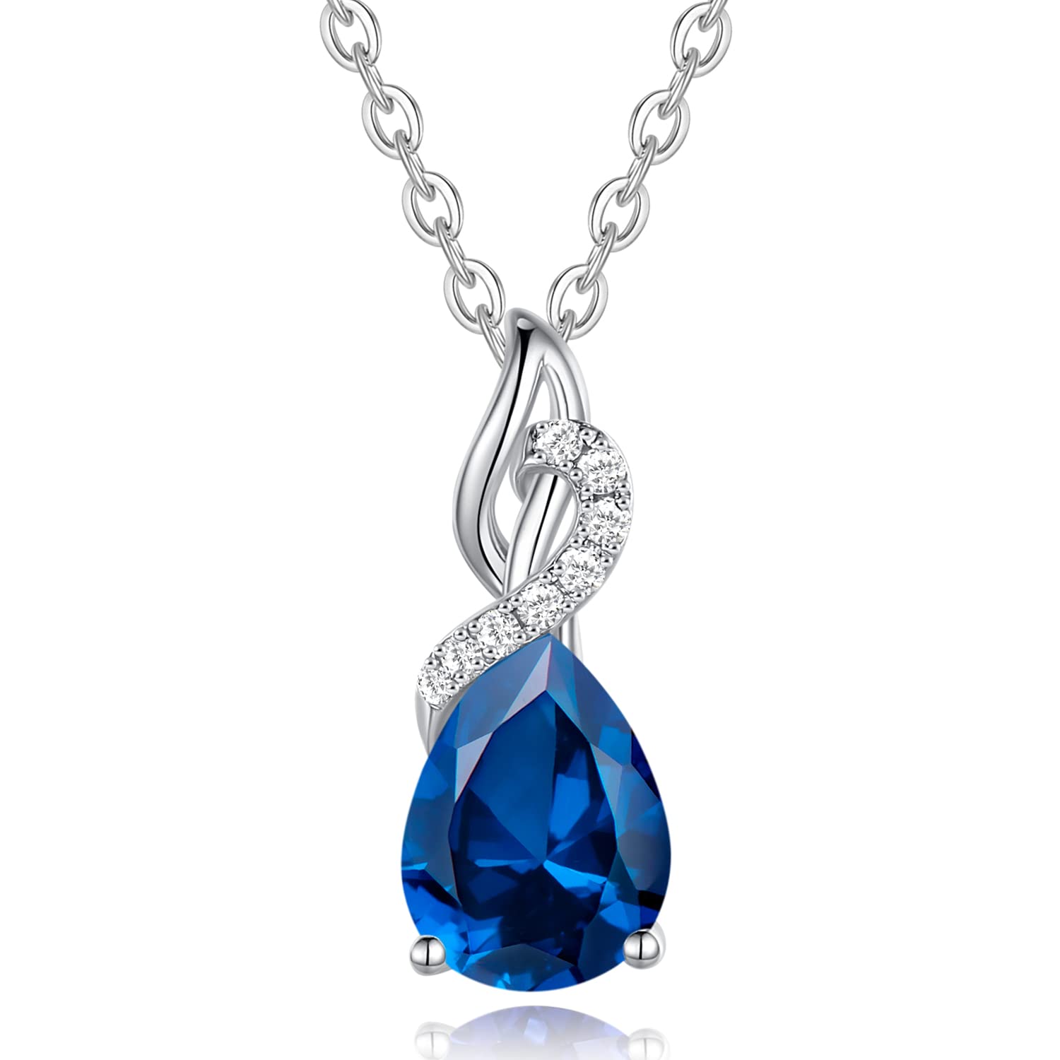FANCIME 14K Solid White Gold Teardrop Pendant with Diamond Birthstone Necklace