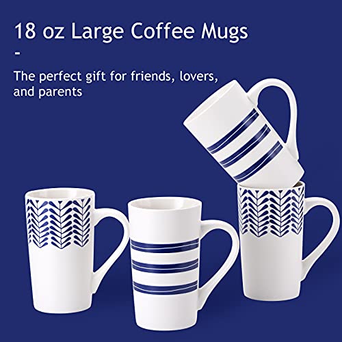 Youpeng Large Coffee Mug Set, Ceramic Mugs With Big Handle, Tall Coffee Mug For Men Or Women With Blue Hand-Painted Pattern, Big Coffee Mugs 18Oz Dishwasher&Microwave Safe, Set Of 4, White #TOP6