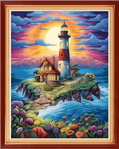 Image of Dimxvean Stamped Cross Stitch Kits,Cross Stitch Kits for Adults Beginners,Embroidery Kits Full Range of Cross Stitch Stamped Kits Needlepoint Kits Cross Stitch Patterns-Seaside Lighthouse 16x20 inch