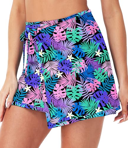 AOBUTE Falda de natación para mujer con protección solar UPF 50+ para playa, con lazo lateral superpuesto, hojas tropicales, M-L
