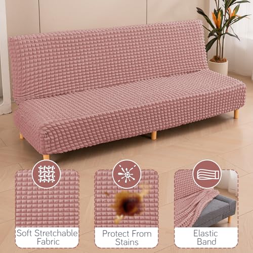 Image of HOKIPO 280 GSM Armless Sofa Cover for Sofa Cum Bed, Stretchable Elastic Futon Slipcover - 'Aria Nova' Large, Tea Rose Pink (AR-6703-PNK)