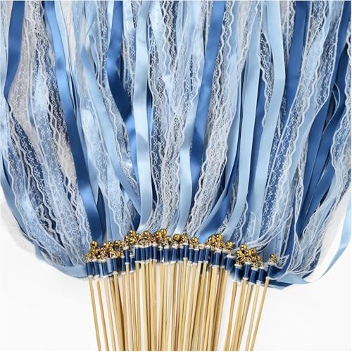 Whemyreat Lot de 50 baguettes de mariage bleues avec cloche, baguettes romantiques en dentelle avec rubans de mariage, baguettes magiques de mariage,...
