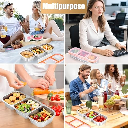 Image of Motka Premium 600 ml 3-Compartment Bento Lunch Box | Stainless Steel Slim Compact Tiffin | Leak-Proof Food Container| BPA & Odour-Free| Dishwasher Safe | Ideal for Office, Travel & School (Natural)