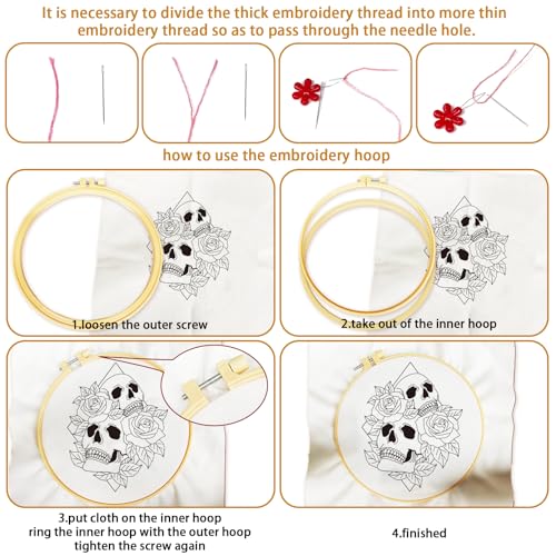 Image of BEUNITONE 4 Set Skull Embroidery kit for Beginners Flower Starter Kits Halloween Skull with Flowers DIY Needlepoint Kit for Adults with Instruction Rose Skull Handmade Embroidery Kits for Gifts