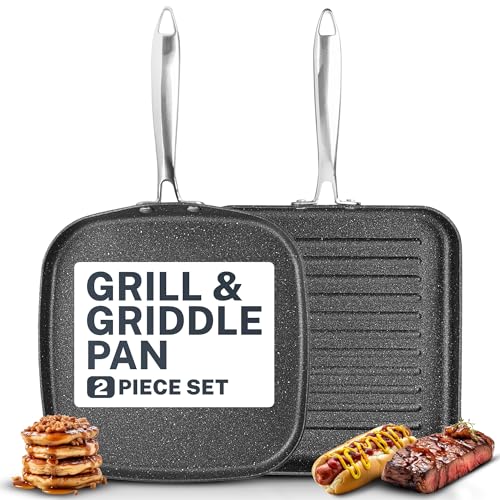 Granitestone 2 Pack Nonstick 10.5” Grill Pan/Flat Griddle Pan for Stovetop with 3x Coated Surface Perfect for Eggs Pancakes Steaks and More, Stove Top Griddle for Gas Grill, Oven Safe, PFOA Free…