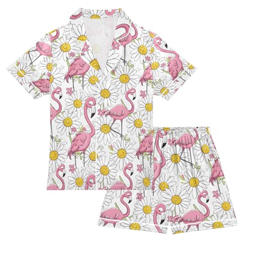 ALAZA Flamingo Daisy Flower Floral Pajamas Satin Pajama Set Short Sleeve Button Down Sleepwear
