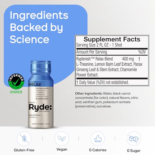 Image of Ryde: Relax Shot | Raspberry Flavor | Lemon Balm, L-Theanine, Ginseng & Chamomile | 0 Calories, 0 Sugar | 2 FL OZ Shots | Helps You Relax* (8 Pack)