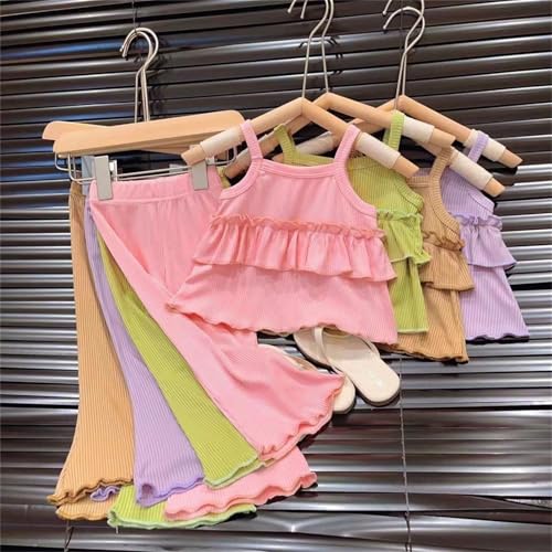 Kids 2 Piece Outfit Girls Ruffle Halter Crop Top 𝐂𝐚𝗺i Sleeveless Ribbed knit High Waist Flared Pants Clothes Set4