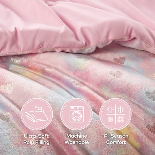 Image of Intelligent Design Queen Comforter Set, 4 Piece Metallic Hearts Bedroom Set for Girls, Queen Bed Set Soft Plush Comforter, Rosalie All Season Fluffy Bedding Set, Full /Queen, Pink Multi /Gold 4 Piece