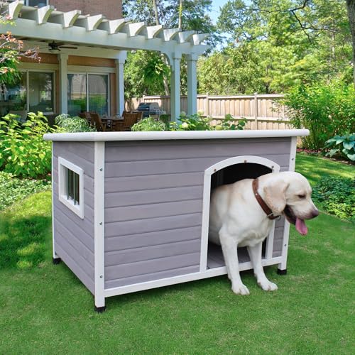 40" Wooden Outdoor Dog Houses, Waterproof Dog House Outside with Window & Door Flap Waterproof Dog House Outdoor Indoor, Assemble Easily-Grey by Rockever - Image 2