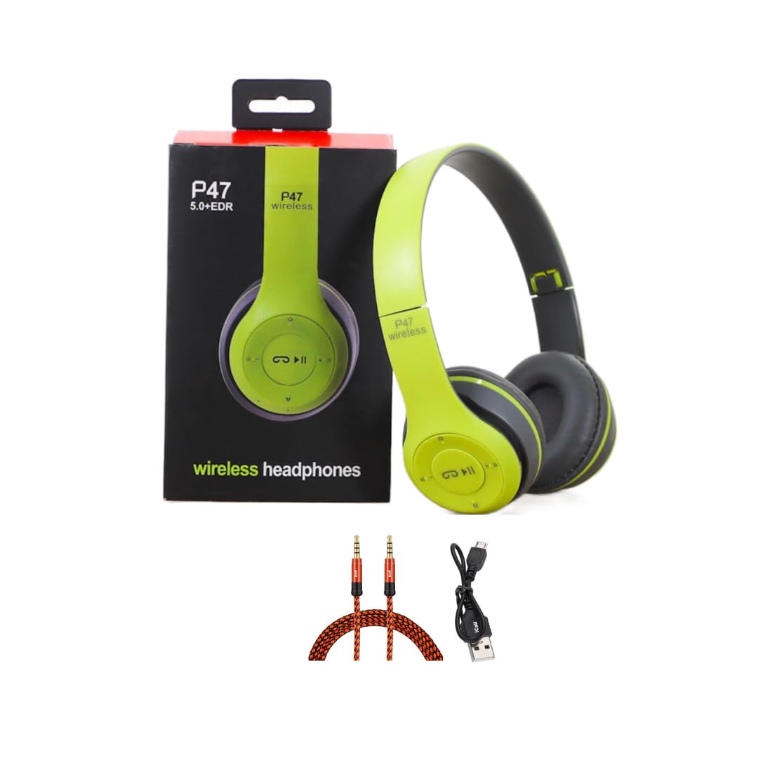 icall P47 Wired & Wireless Super Extra Bass Bluetooth Headset (Green, On The Ear)-image-43