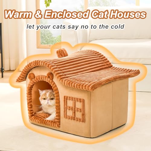 Jiupety Bear Cat Houses for Indoor Cats, Chimney Cute Cat Bed Cave, Enough Interior Space, Cartoon Soft Pet House Up to 3-15 lbs Puppy, Brown - Image 3