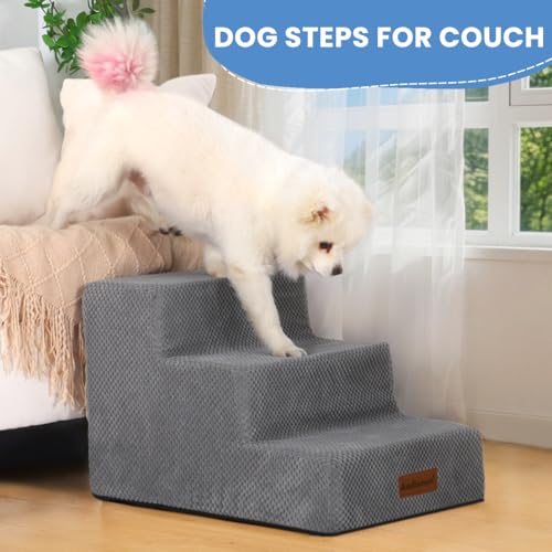Image of Aodisman Dog Stairs for Small Dogs & Cats,3-Step Pet Steps for Couch & Bed | High-Density Foam Dog Steps with Anti-Slip Bottom,Easy for Puppies,Older Cats & Dogs to Reach Sofas & Chairs,Grey,13.6 inch H