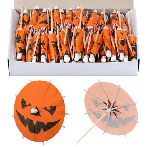Chengu 100 Pcs Halloween Pumpkin Cocktail Drink Umbrella Picks Spooky & Colorful Paper Toothpicks with Pumpkins Cocktail Umbrellas Fruit Cupcake Topper Sticks for Halloween Party Decorations