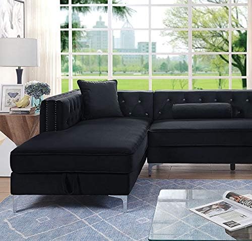 Anina Glam Style Sectional in Black Flannelette with Pillows Included