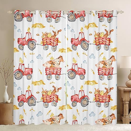 Farm Truck Blackout Curtains for Kids Boys Girls Red Watercolor Tractor Curtains Farmhouse Animal Curtains & Drapes Cartoon Horse Pig Living Room Curtains Chicken Rabbit Sheep Window Curtains