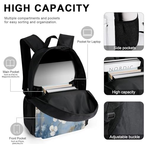 White Florals Backpack 3 Set with Lunch Bag Insulated Shoulder Meal Tote Bags Pencil Case Box Casual Daypack4