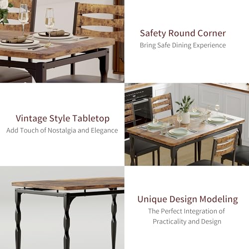 GarveeHome 5 Piece Dining Table Set, Industrial Style Dining Table and Chairs Set for 4, Kitchen Table Set for Dining Room Kitchen Apartment, Brown