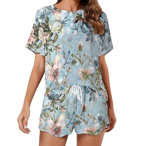 Pyjama femme fleur rose anti-chaleur à manches courtes pour nuits d'été fraîches