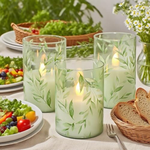 Image of Green Flameless Candles with Remote Control - Willow Leaf Design Battery Operated Candles - Elegant Home Christmas Spring Summer Decor Set of 3