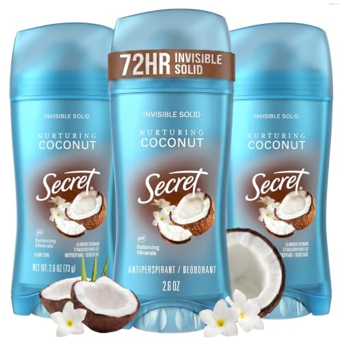 Secret Fresh Antiperspirant Deodorant for Women 72hr Breathable Sweat & Odor Protection Instant Freshness & Gentle PH Balancing Mineral Invisible Solid Nurturing Coconut Scent 2.6 oz (Pack of 3)