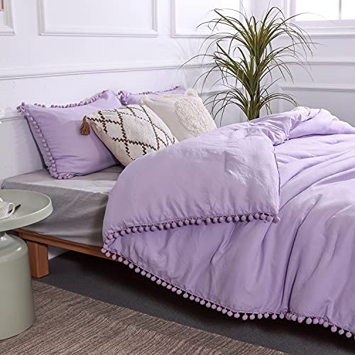 Yirddeo Lavender Purple Queen Ball Pom Fringe Design 3Pcs, Boho Aesthetic Luxurious Full Bedding Set, Vintage Ultra Soft Microfiber Comforter Set (1 Comforter, 2 Pillowcases) #TOP8